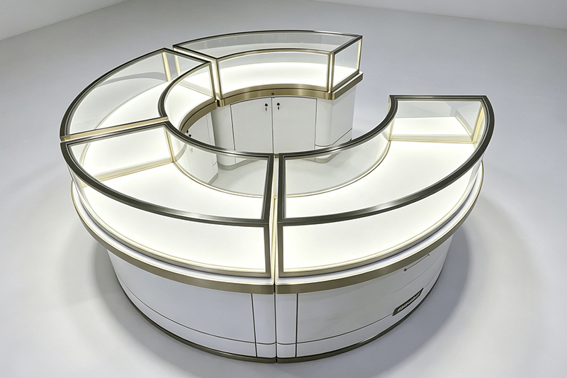 Custom C-Shape Circular Jewelry Display Counter with Modular Combined Curved Tempered-Glass Showcase
