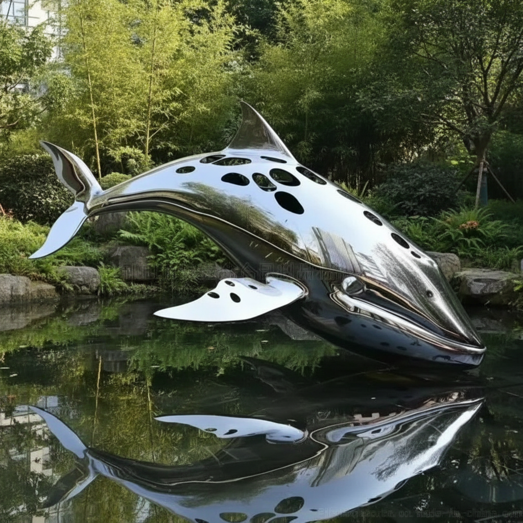 Modern Marine Sculpture Stainless Steel Whale Art for Garden Water Feature Outdoor Decor