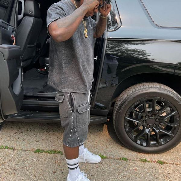 Camisetas de lavado de ácido de verano personalizadas y traje de deporte de carga Camisa y pantalón corto bordados con aplicación vintage para hombres