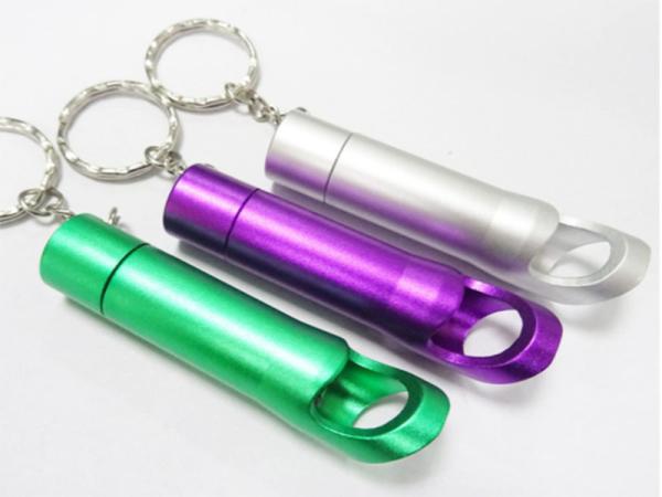 Personalized Anodized  Laser Etch Aluminum Keychain  Beer Bottle OpenerLED Flashlight, Promotional Key Ring