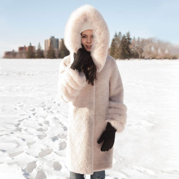Cream Blush Sheepskin Faux Fur Fluffy Coat with Faux Fox Fur Trim