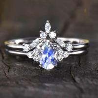 Boda azul Ring Set de Moonstone del arco iris de 925 Sterling Silver Natural Stone Jewelry