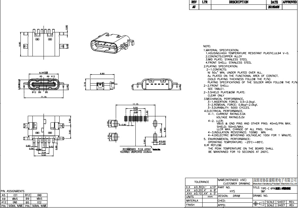 Тип женщина USB 6 Штырь плиты PCB гнезда соединителей c тонуть 0.8MM 3.1mm