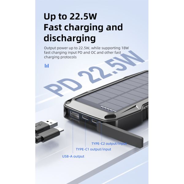10000mAh Waterproof Solar Power Bank Portable Charger LED Light Cable External Battery Pack