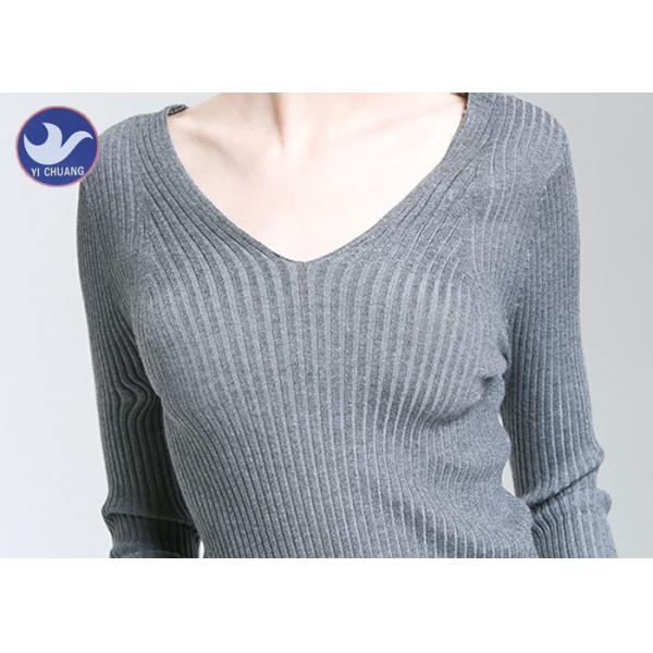 Ribbed Womens Knit Pullover Sweater V Neck Tight Fit Lady Knitwear