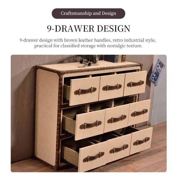 Nidea #8611 American Vintage Style Handmade Leather Red Wine  Bar Side Table Storage Cabinet 9 Drawers for Hotels Home Furniture