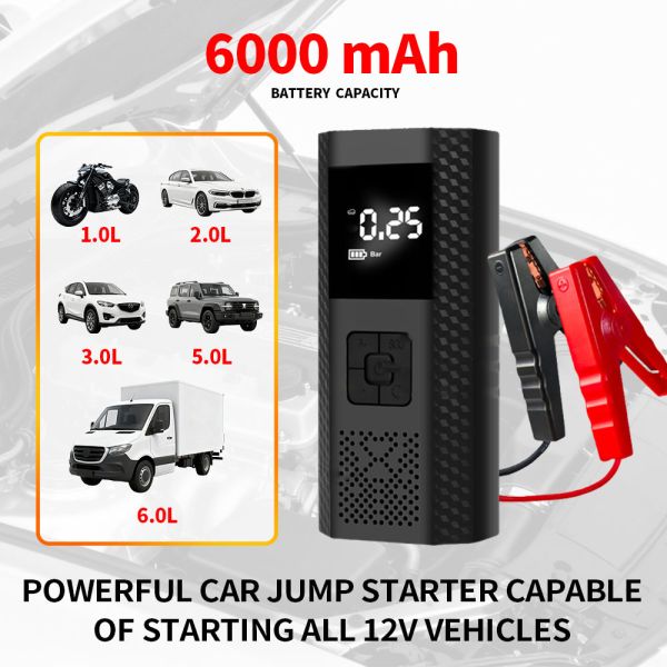 2 In 1 Mini Jump Starter Portable Tyre Inflator 6000mAh Electric Car Air Pump With Air Compressor