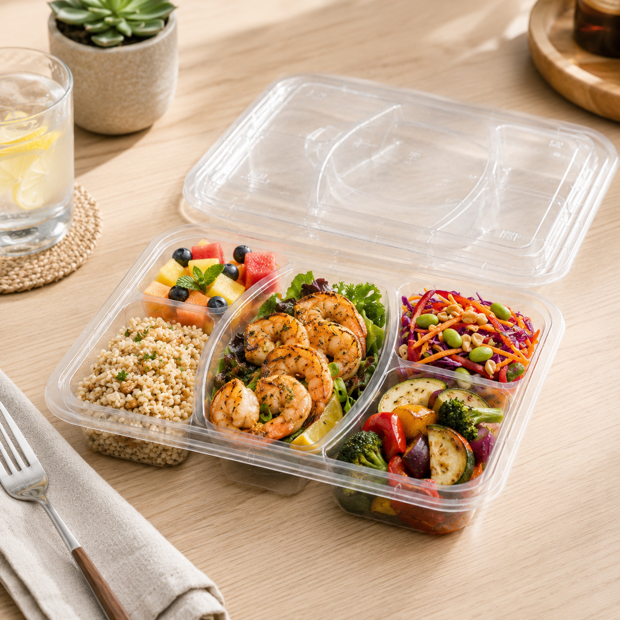 Five Section PP Compartment Food Containers for Large Sharing Meal Trays