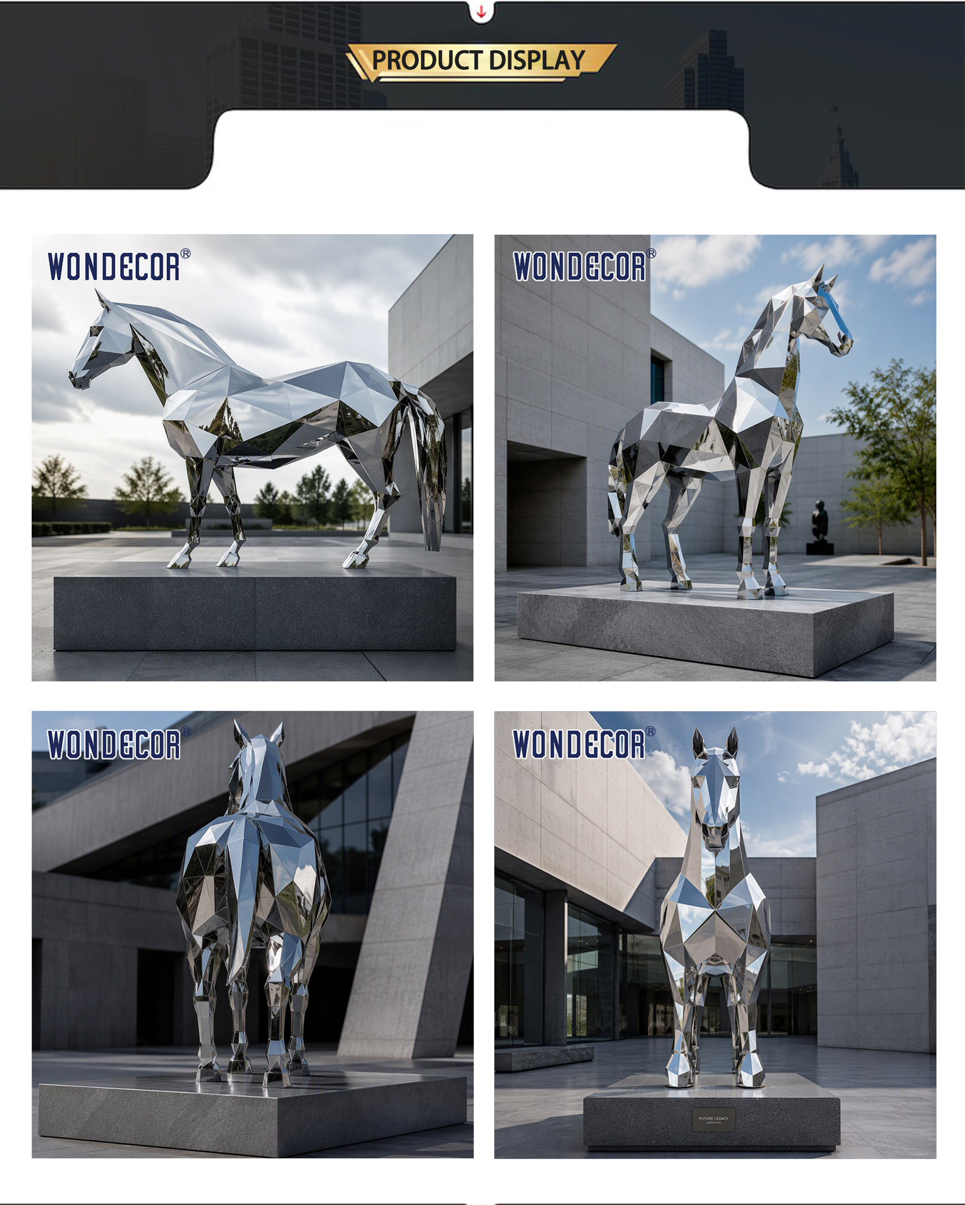 Large Mirror Stainless Steel Geometric Faceted Horse Sculpture for Corporate Plaza & Office Building Landscape