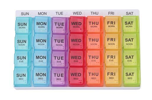28 compartment one weekly plastic pill container, Fancy 7 day clear plastic detachable drugs box 4 doses daily, PILL