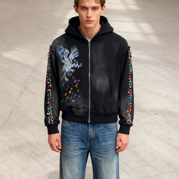 Wholesale Heavyweight Vintage Acid Wash Hoodie Sweatshirt Custom 380 450 500 Gsm Rhinestones Printed Distressed Zip up Hoodie