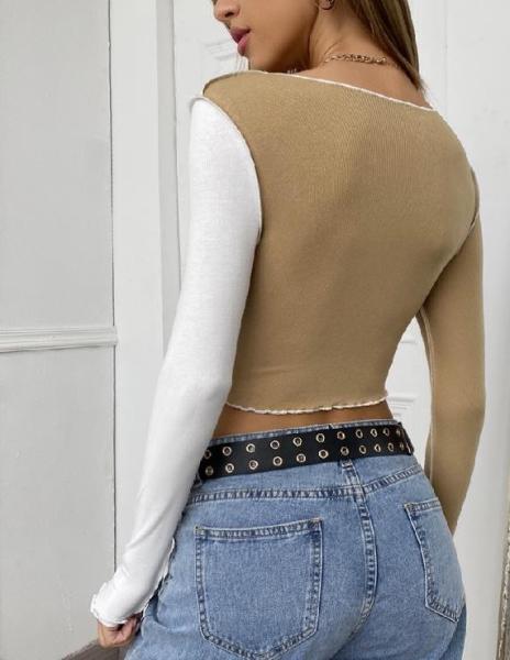 Partes superiores 100% longas do algodão das luvas do pescoço do círculo de S Colorblock de Women do fabricante de roupa da quantidade pequena '