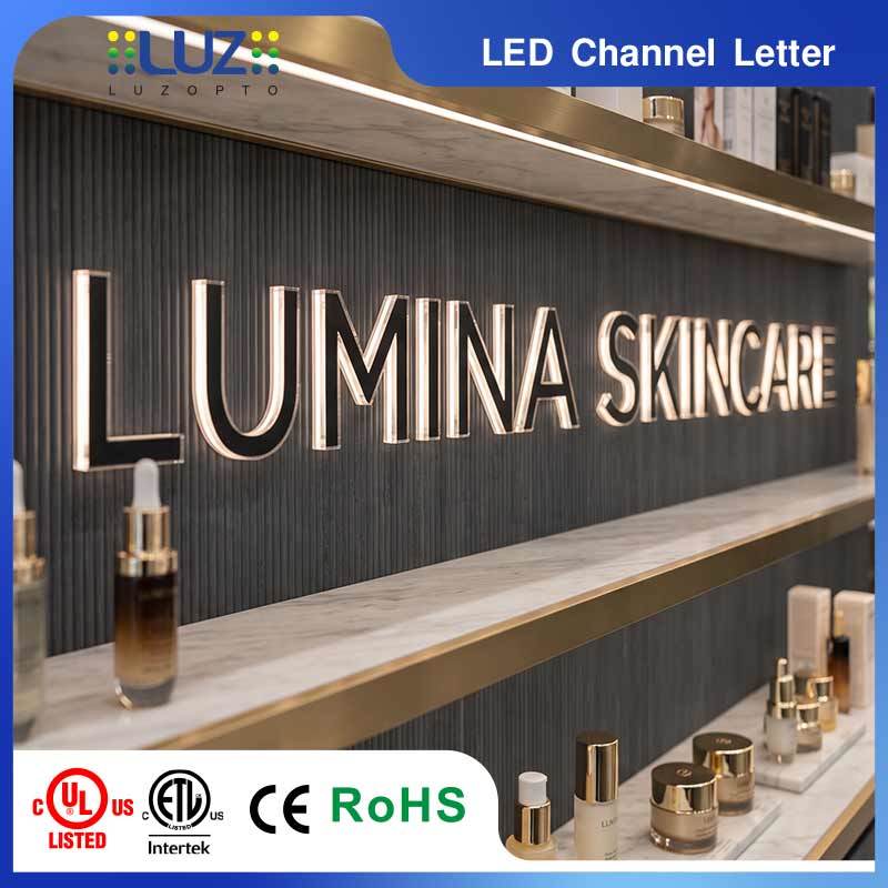 Opaque Blockout Face Beveled Side Edge Lit Solid Acrylic Mini LED Letter For Cosmetics Counter