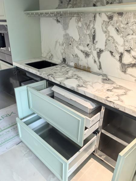 Fadior Full Stainless Steel Custom Kitchen Cabinet - Elegant White & Mint Green, Island Layout