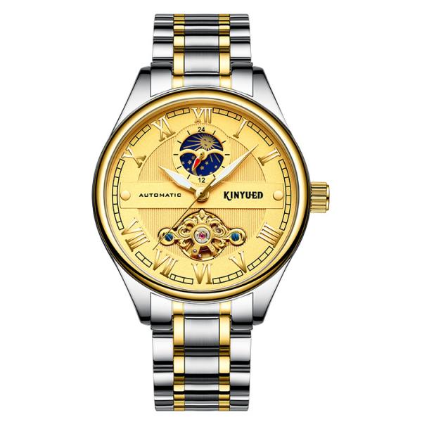 Brand KINYUED automatic skeleton watch gold dial moon phase tourbillon mens automatic watch