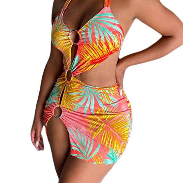 Printed Hollow Women's Beachwear Dresses , Beach Swimming Dress For Ladies