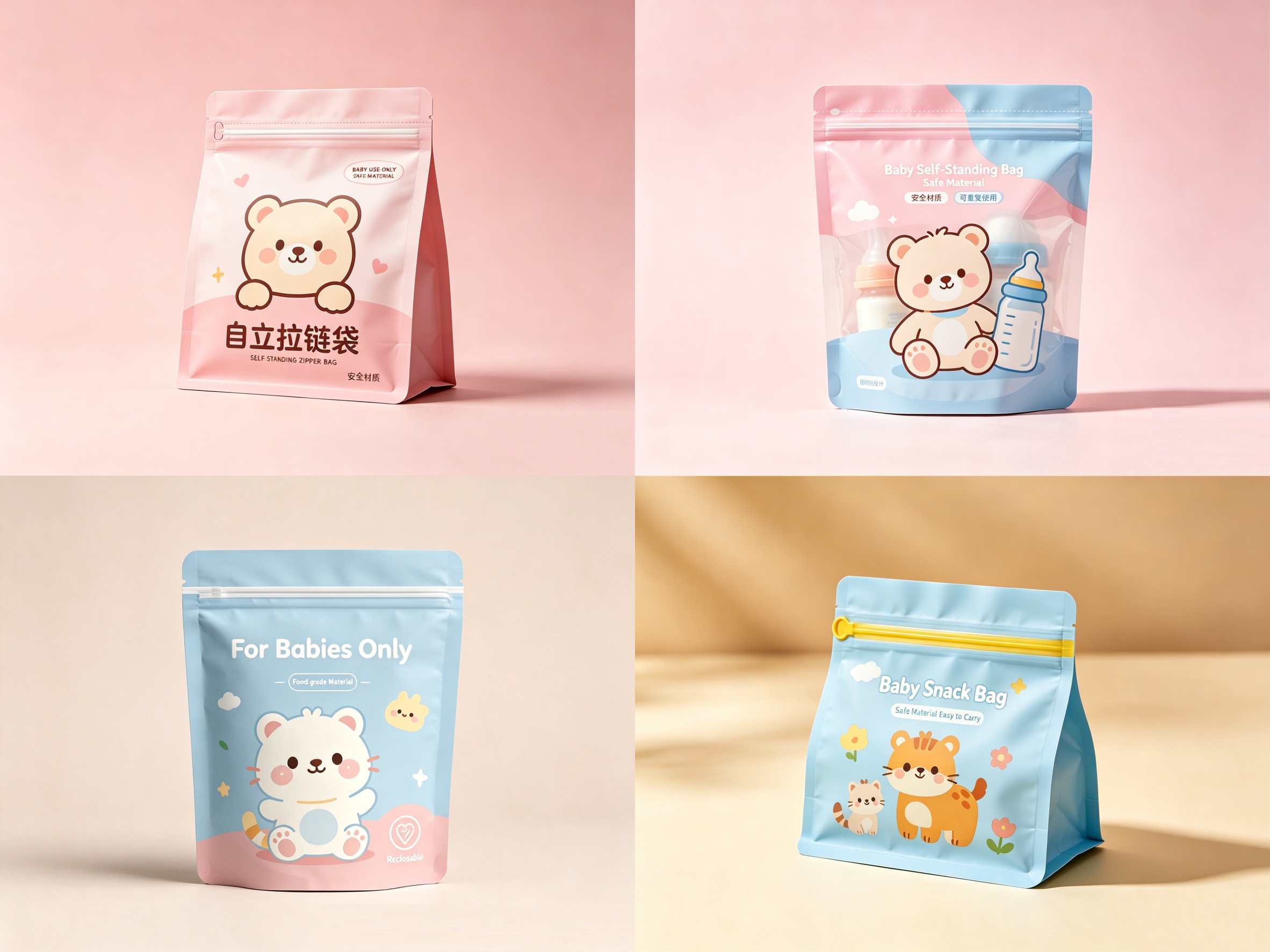 Custom Printed Stand-Up Zipper Pouches For Baby Snacks, Milk Powder & Dry Foods | Food Grade Resealable Stand Up Zip Bags OEM Cartoon Printing