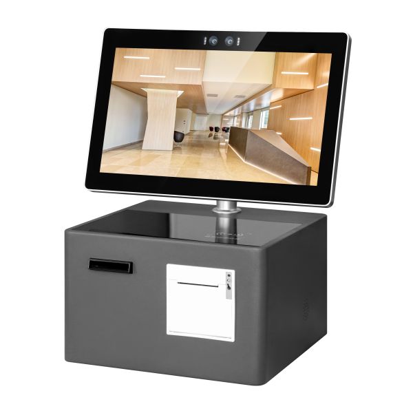 15.6 Desktop Hotel Self Check in Kiosk Countertop Hospitality Smart Terminal with Passport Scanner Key Card Dispenser