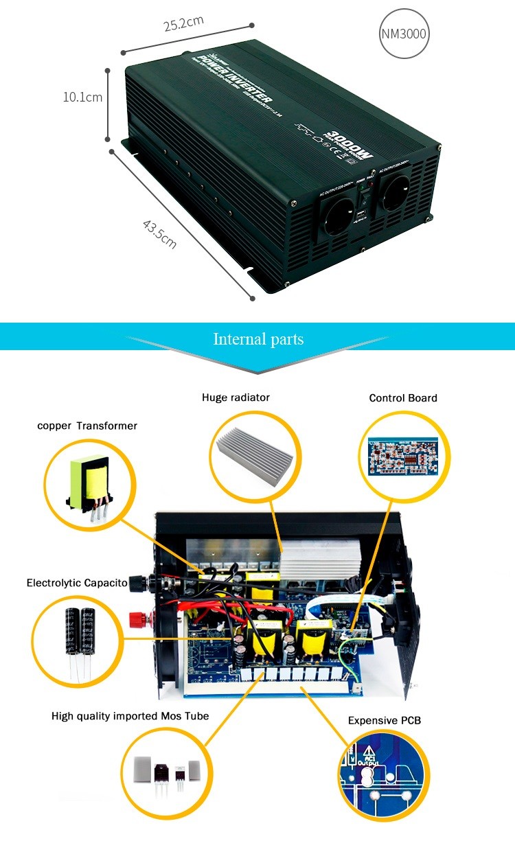 Алюминиевое 3000W доработало инвертор 12V энергии волн синуса к 110/220V