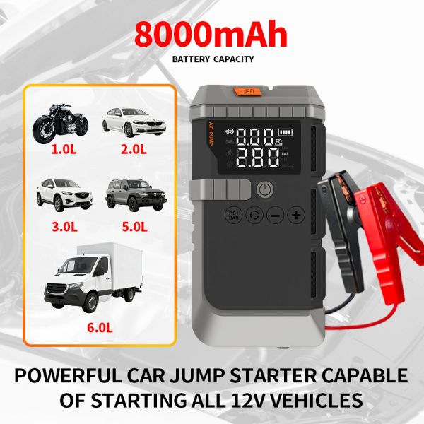 Portable Battery 8000mAh Jump Starter With Air Compressor Type C Charging LED Display Car Battery Jump Box