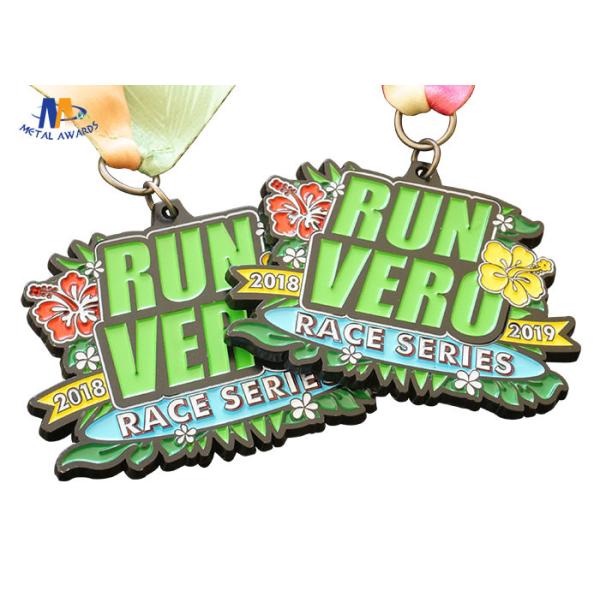 Die Cast Metal 5k Race Medals Black Nickle Plating Colors Filled With Sublimated Ribbon