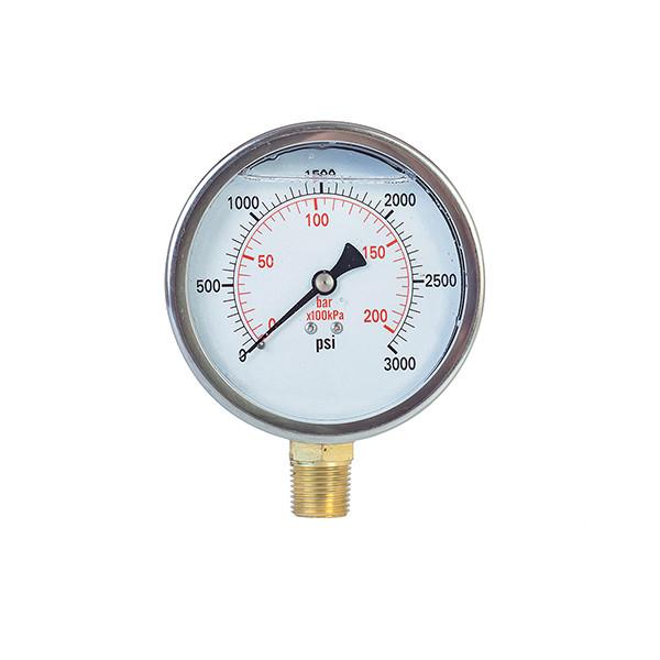 4 inch Liquid filled Pressure Gauge,0-3000 psi/bar/kpa ,lower mount, 1/2 NPT, stainless steel case and brass internal