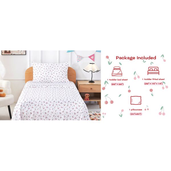 Kids Twin Sheet Set with Little Cherry Pattern,Breathable Silky Soft Microfiber Sheet Set