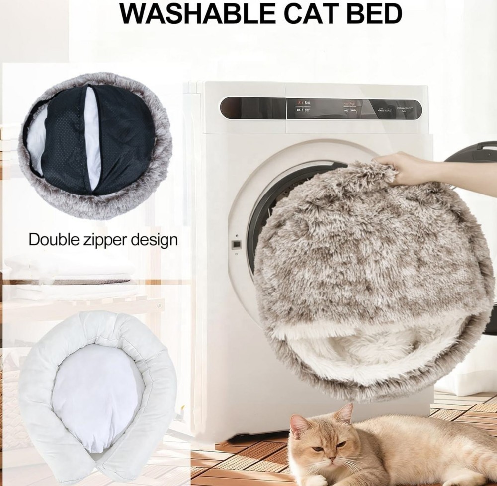 Plush Hooded Cat Bed With Removable Washable Cover And Non Slip Bottom For Indoor Pets