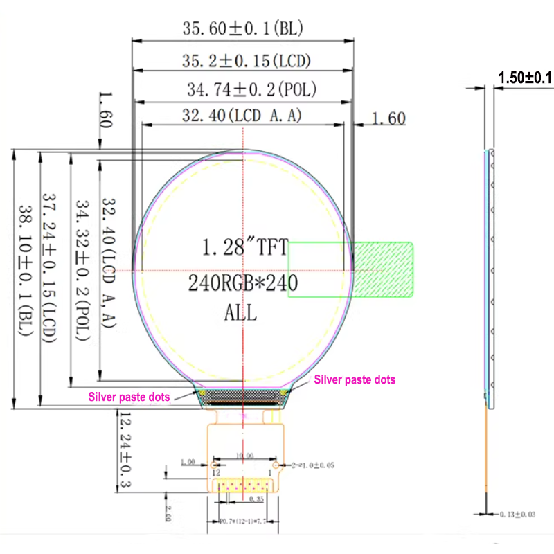 1.28 inches, equipped with GC9A01 driver, circular TFT high-definition display screen, TFT module