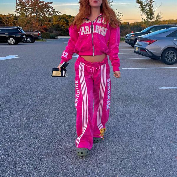 Fabricante personalizado Traje de sudor Limpieza ácida Distressed Zip Up Rhinestone Cortado Hoodie y pantalones de sudor Outfits Set Traje de mujer