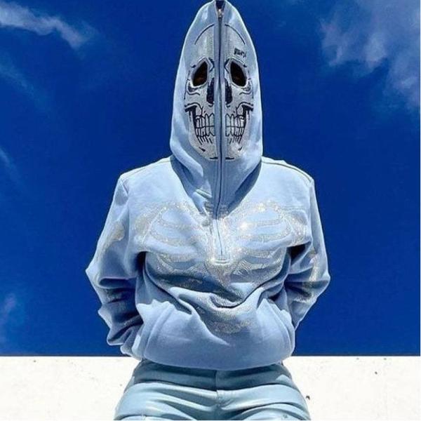 Mulheres Plus Size Y2k Punk Streetwear Crop Top Hoodie com Bling Skull Rhinestone Zipper