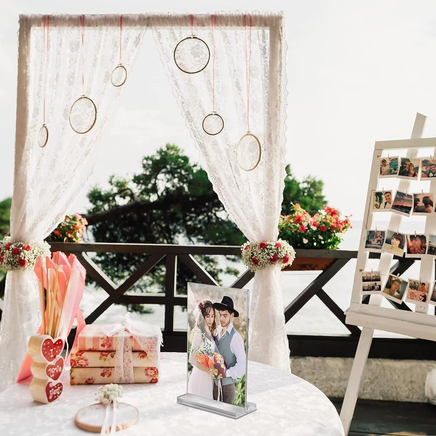 Clear T Shaped Perspex Photo Holder Frame Double Sided For Home Office Wedding Display