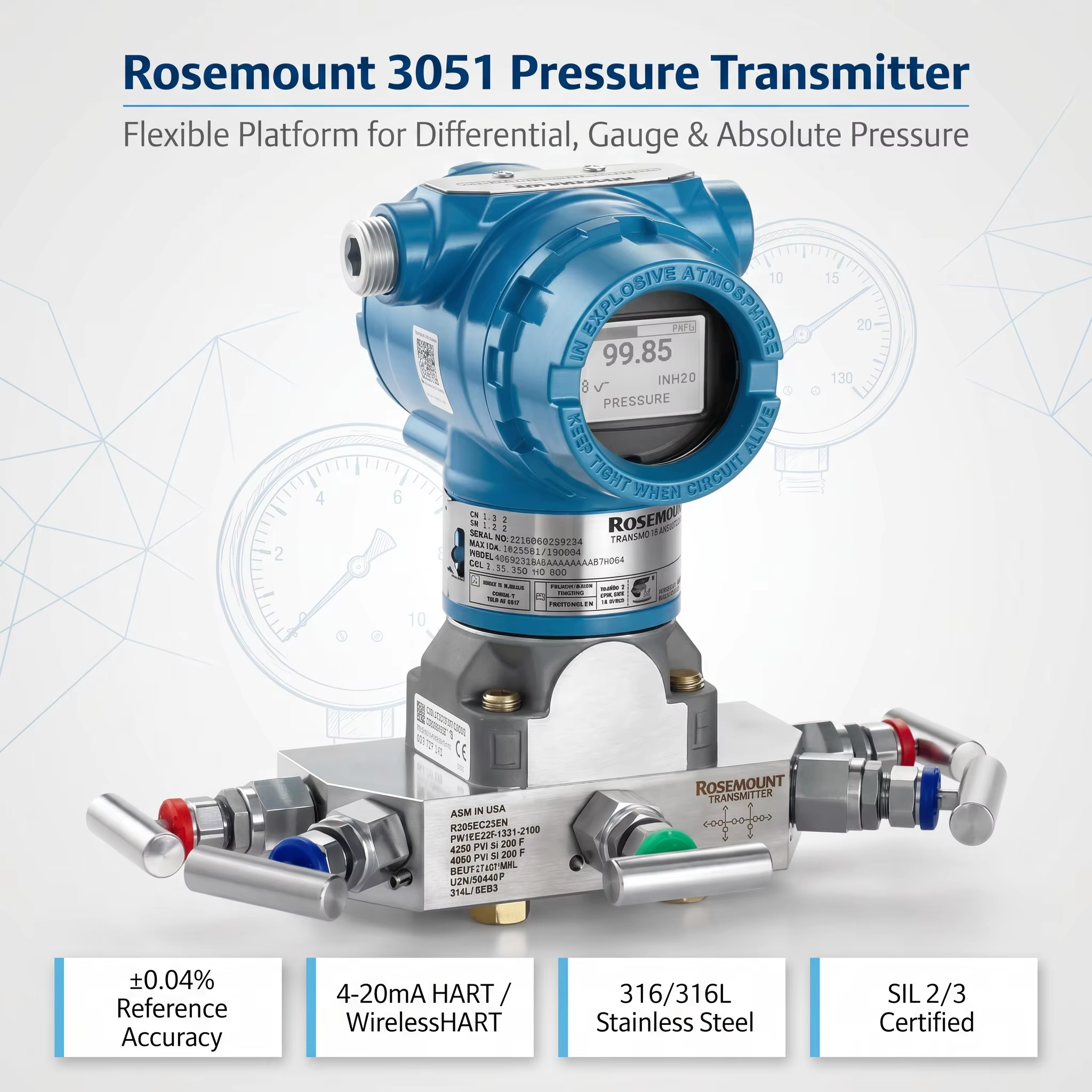 Rose-mount 3051 Smart Pressure Transmitter with 316L Stainless Steel 4-20 mA DC / HART and ±0.04% of Span Accuracy