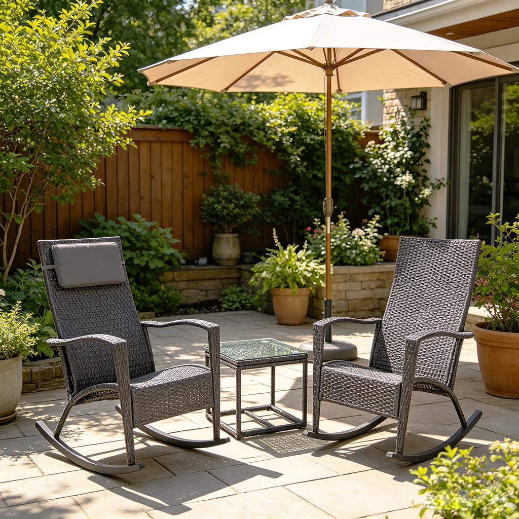All-Weather PE Rattan Rocking Chair Set Outdoor Patio Conversation Wicker Rockers Tempered Glass Coffee Table for Balcony