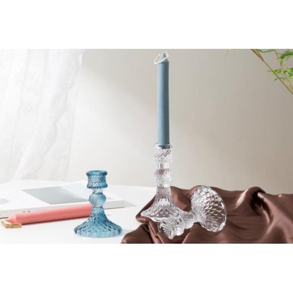 Blue Depression Tapered Color Glass Candle Holder Pressed Diamond Pattern