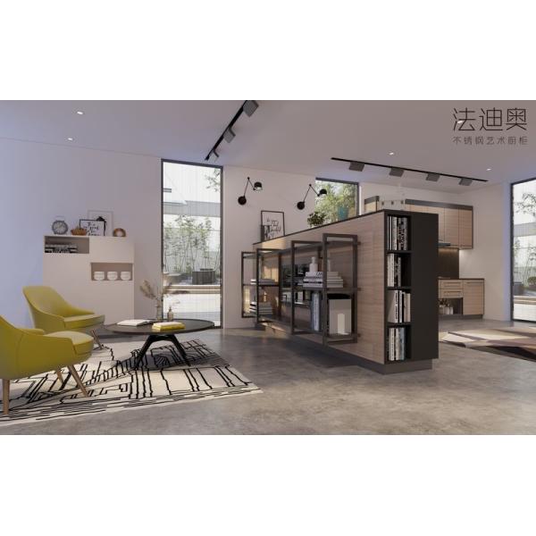 Wood Grain Stainless Steel L-Shaped Kitchen Cabinet With Black Handles