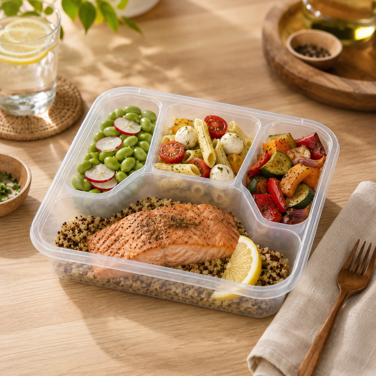 Four Section Shallow Clear PP Catering Meal Tray for Large Buffet Banquets