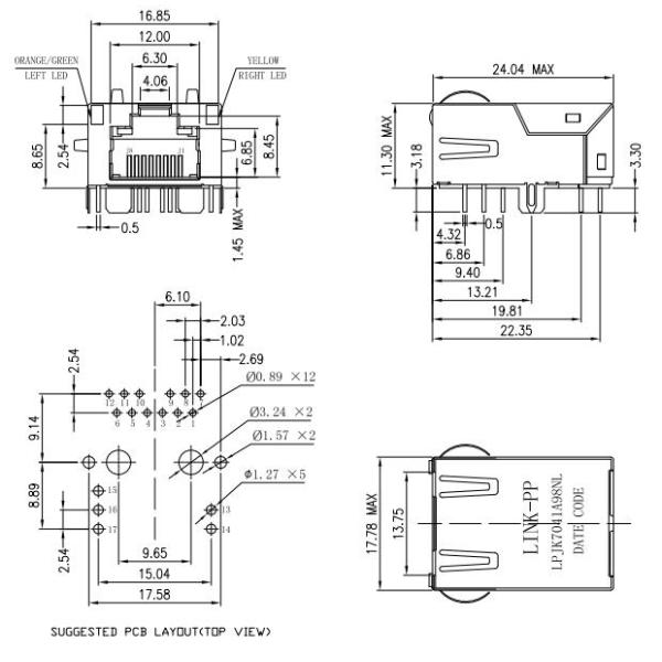 Escudo discreto THT YA MONTADO del gigabit Rj45 LED de la altura 11.3m m de LPJK7041A98NL