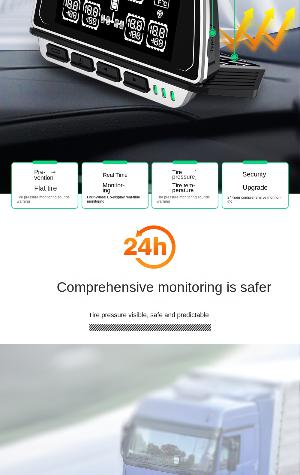 JYS Large Screen Display Truck Tire Pressure Temperature Monitor 6 Wheels Color Screen Design TPMS Sensor Universal 4V