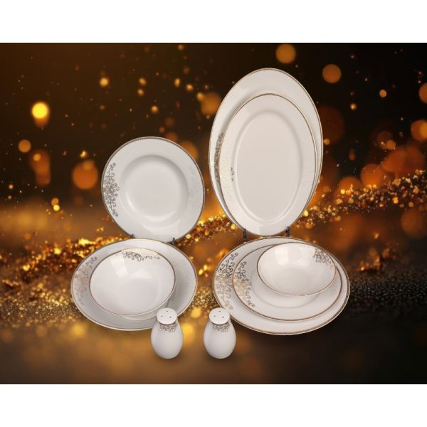 35pcs superwhite porcelain dinning set  with blue embossed flower and gold patterm