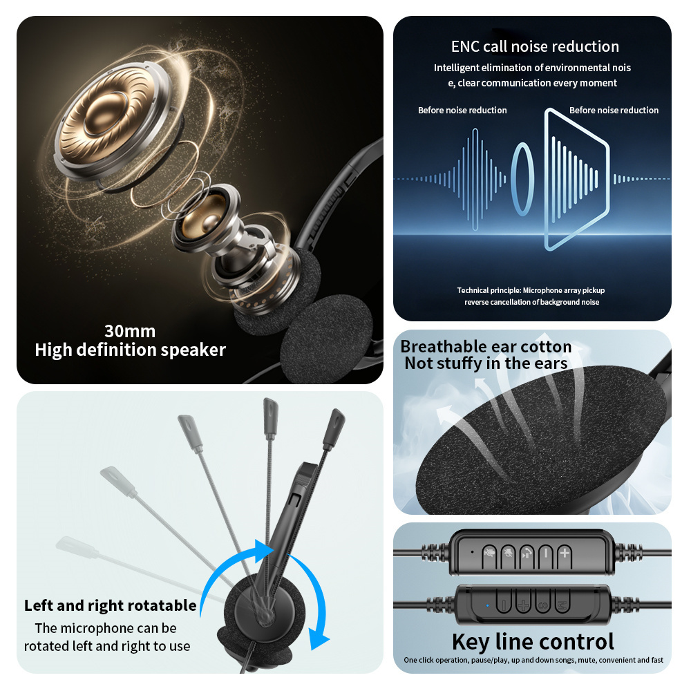Lightweight wired telephone headset with ENC noise‑cancelling flexible boom microphone. Supports USB, Type‑C & 3.5mm jack, perfect for call centers, remote work, online meetings and classes，OEM & ODM