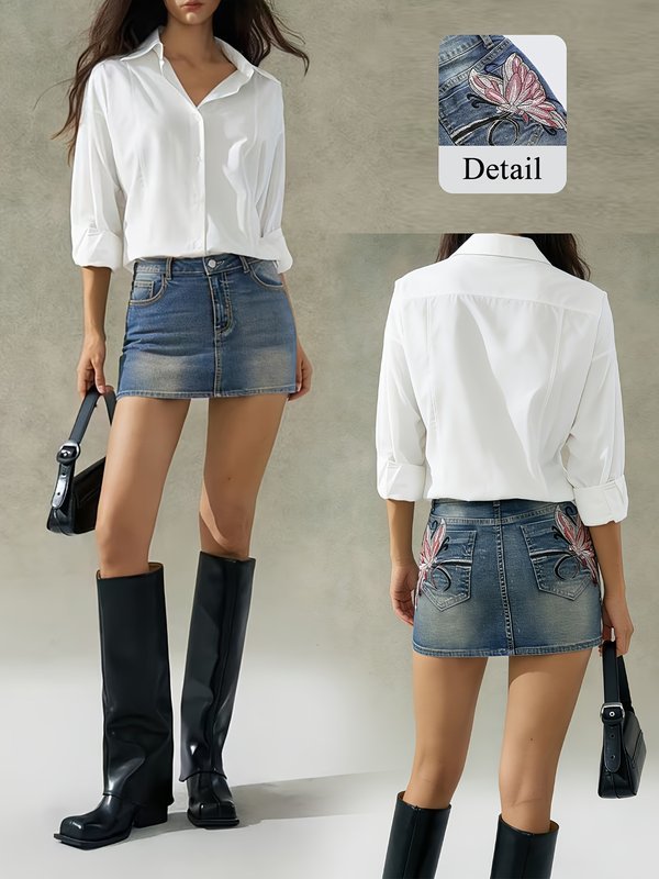 Blue Low Waist Embroidered Denim Skirts Custom (4006)