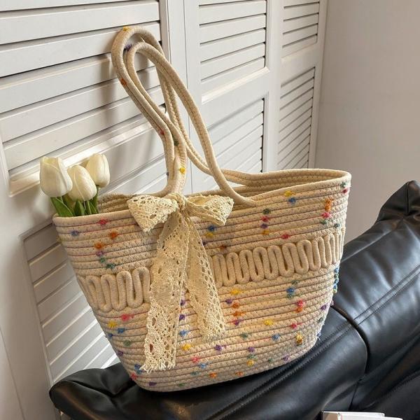 Straw Tote Bag for Women Handwoven Cotton Straw Shoulder Bag Crochet Tassel Beach Bohemian Purse for Women