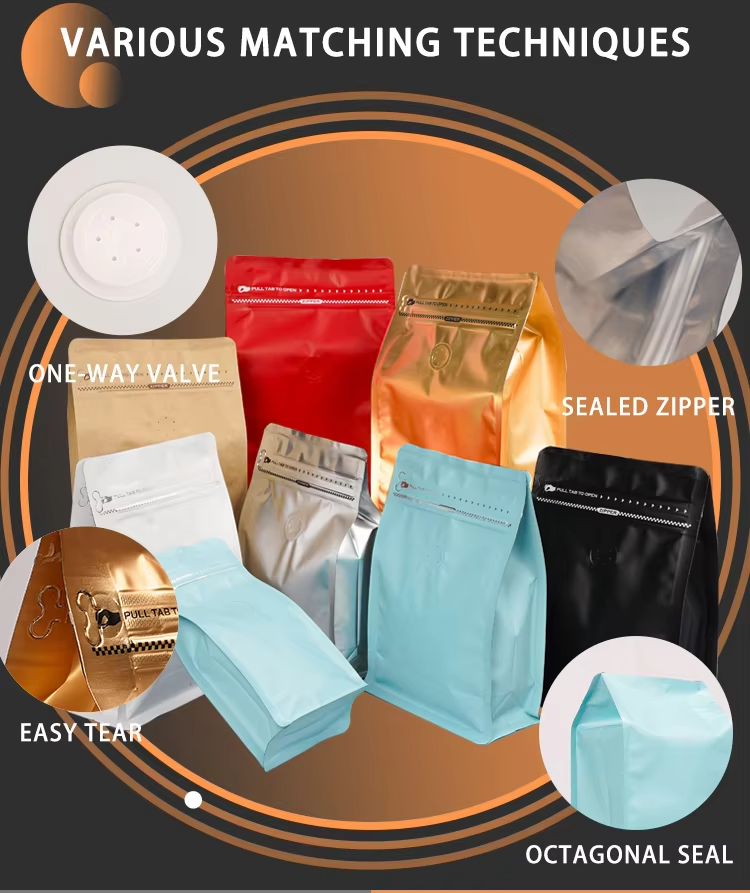 Pressure Resistant Packaging Eight Side Sealing Flat Bottom Valve Zipper Coffee Bean Coffee Packaging Bags