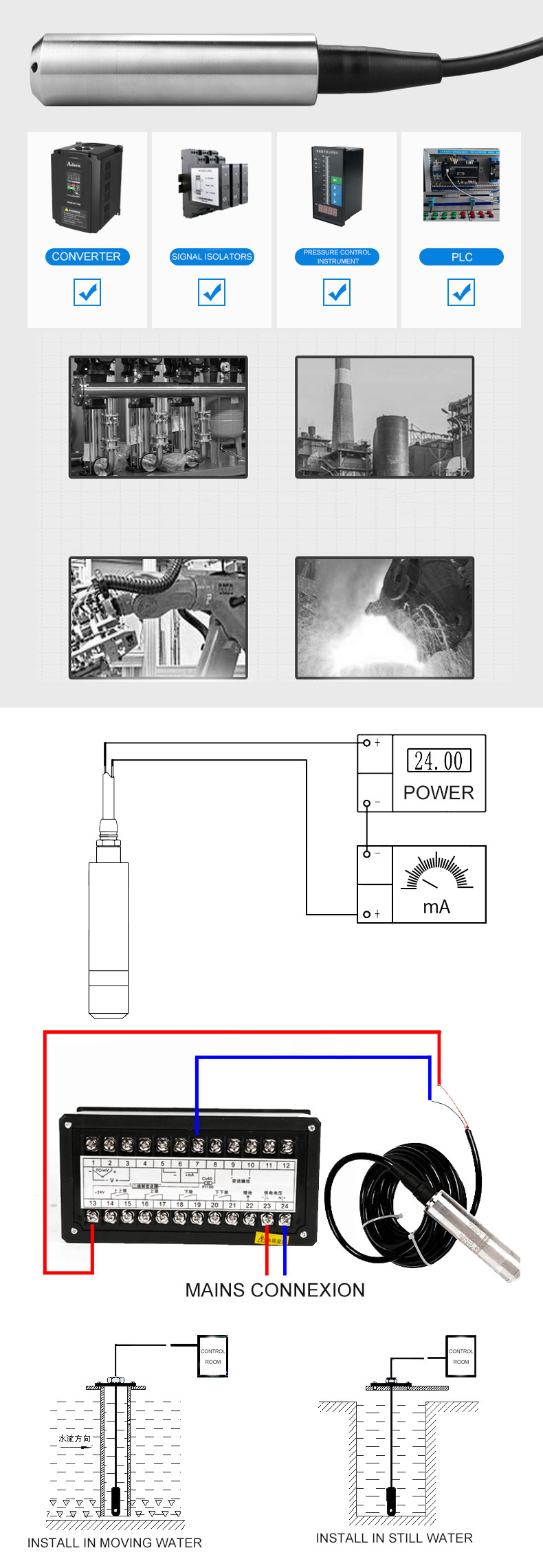 High Precision ±0.5%FS Water Pressure Sensor Stainless Steel Liquid Level Transmitter
