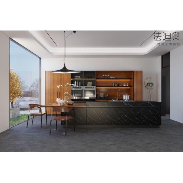 Elegant Double Line Stainless Steel Kitchen Cabinets With Black Sintered Stone Island