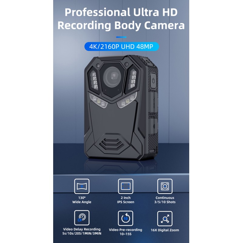 Professional 4K UHD 48MP Body Worn Camera IP66 Waterproof IR Night Vision Body Camera with Wifi and Gps for Security Guard