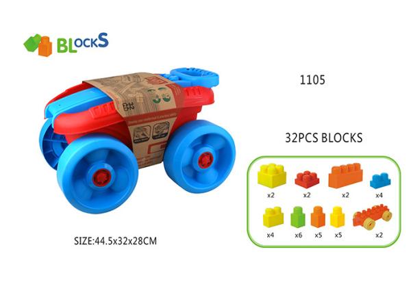 17   Building Blocks Toys For Toddlers Movable Wagon 32 Pcs Blue Pink Big Wheel