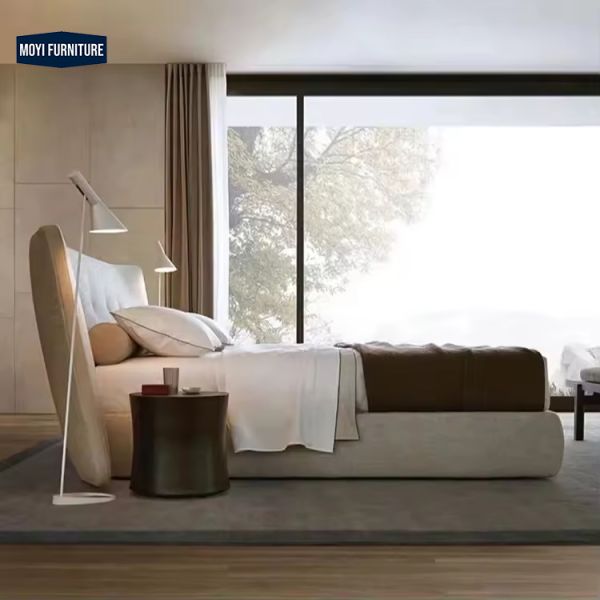 Modular queen size bed room furniture set featuring full upholstered linen frame and modern luxury furniture designs