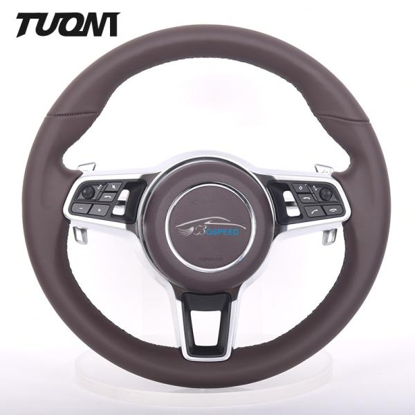 Reddish Brown Full Leather Porsche Carbon Fiber Steering Wheel Gloss With Stripe